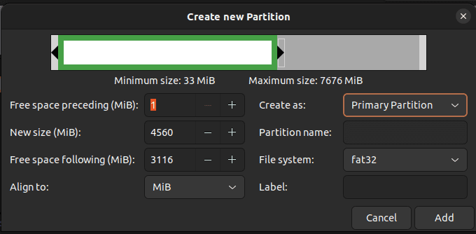 Gparted create FAT32 partition
